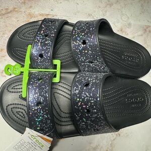 Crocs Classic Starry Glitter Sandals Double Strap Slides Black Womens 15 Mens 14